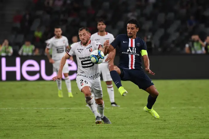 SHENZHEN, Aug. 3, 2019 MHquinhoH(1st R) of Paris Saint-Germain vies with Flavien Tait of Rennes during the French Trophy of Champions football match between Paris Saint-Germain and Rennes in Shenzhen of south China's Guangdong Province, on Aug. 3, 2019.