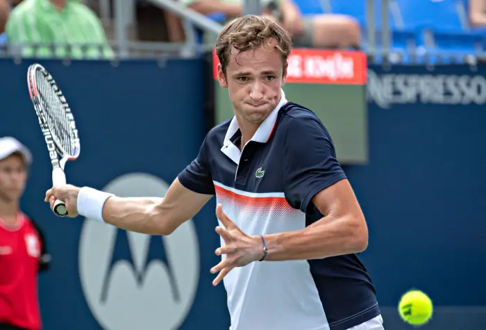 MONTREAL, Aug. 9, 2019  Hniil MHvedev of Russia returns the ball during the men's singles third round match between Daniil Medvedev of Russia and Cristian Garin of Chile at the 2019 Rogers Cup in Montreal, Canada, Aug. 8, 2019.