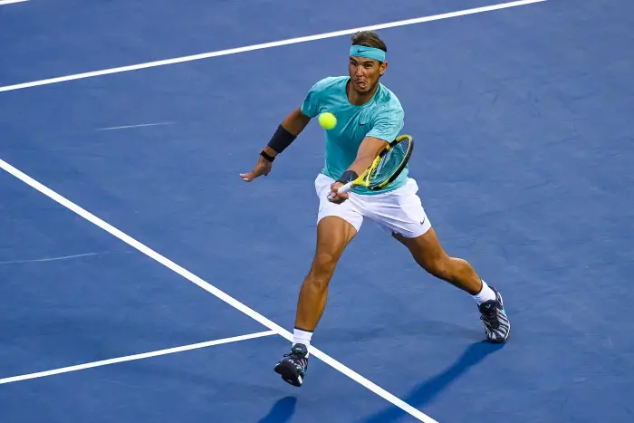 MONTREAL, QC - AUGUST 08: Rafael Nadal (ESP) returns the ball with a forehand shot during the ATP Coupe Rogers third round match on August 8, 2019 at IGA Stadium in Montréal, QC