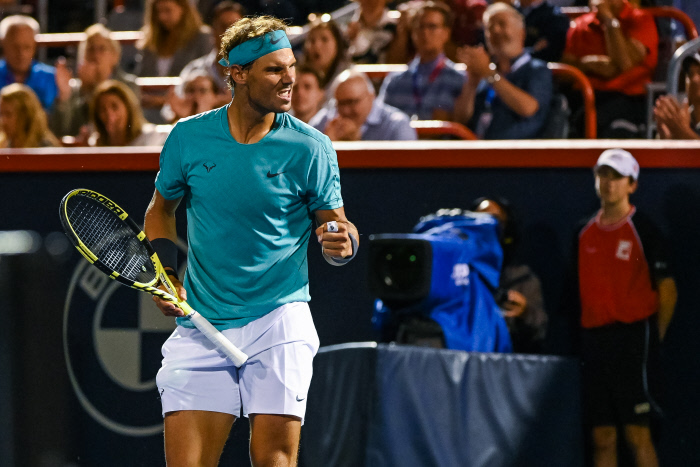 Rafael Nadal (ESP) shows pride after winning his match after the ATP Coupe Rogers quarterfinal match on August 9, 2019 at IGA Stadium in Montréal, QC