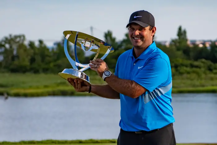 Patrick Reed of the United States of America during the trophy presentation ceremony after the final round of The Northern Trust Tournament on August 11, 2019 at Liberty National Golf Club in Jersey City, NJ