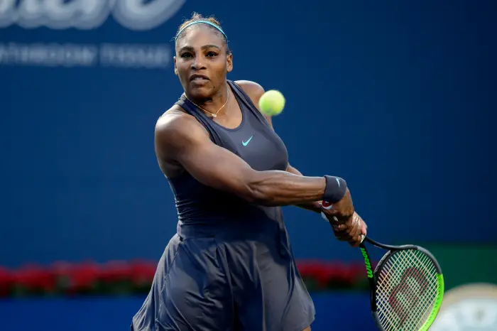 Serena Williams (USA) returns the ball during her quarter-finals match of the Rogers Cup tennis tournament on August 9, 2019, at Aviva Centre in Toronto, ON, Canada.