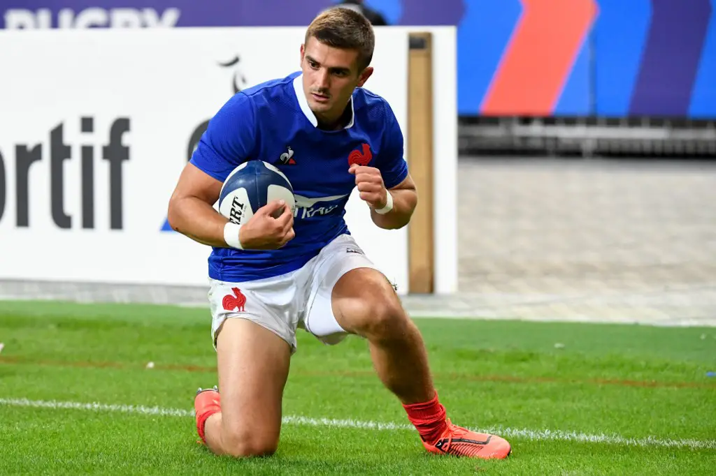 France's fullback Thomas Ramos celebrates after scoring a try during the international Test rugby union match between France and Italy at the Stade de France in Saint-Denis, north of Paris, on August 30, 2019. (Photo by Bertrand GUAY / AFP)