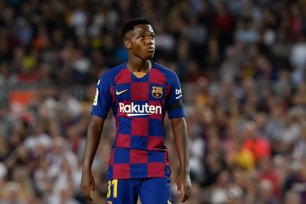 Barcelona´s Guinea-Bissau forward Ansu Fati reacts during the Spanish league football match FC Barcelona against Valencia CF at the Camp Nou stadium in Barcelona on September 14, 2019. (Photo by PAU BARRENA / AFP)