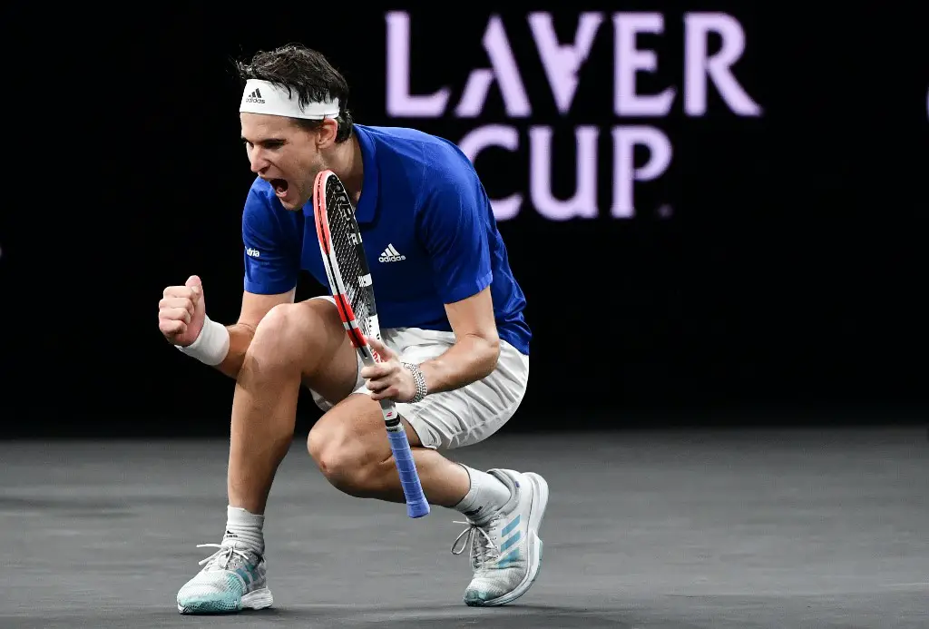 Team Europe's Dominic Thiem celebrates his victory over Team World's Denis Shapovalov during their match at the 2019 Laver Cup tennis tournament in Geneva, on September 20, 2019. (Photo by FABRICE COFFRINI / AFP)