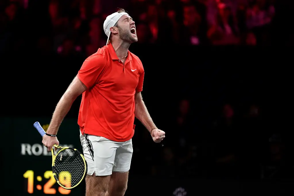 Team World's Jack Sock celebrates his victory over Team Europe's Fabio Fognini at the end of their match as part of the 2019 Laver Cup tennis tournament in Geneva, on September 20, 2019. (Photo by Fabrice COFFRINI / AFP)