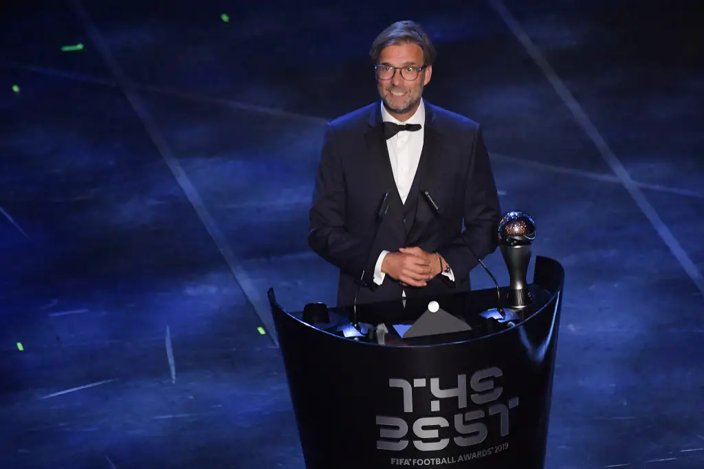 Liverpool coach, Germany's Juergen Klopp speaks after winning the trophy for the Best FIFA Men's Coach of 2019 Award during The Best FIFA Football Awards ceremony, on September 23, 2019 in Milan. (Photo by Marco Bertorello / AFP)