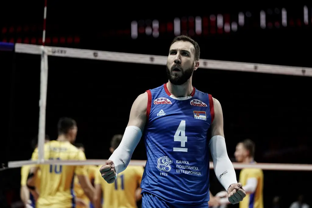 Serbia's Nemanja Petric reacts during the Men's 2019 European Volleyball Championships quarter-final match between Serbia and Ukraine in Antwerp on September 24, 2019. (Photo by Kenzo TRIBOUILLARD / AFP)