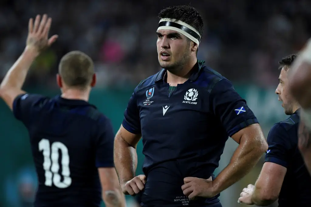 Scotland's hooker Stuart McInally reacts  during the Japan 2019 Rugby World Cup Pool A match between Scotland and Samoa at the Kobe Misaki Stadium in Kobe on September 30, 2019. (Photo by Filippo MONTEFORTE / AFP)