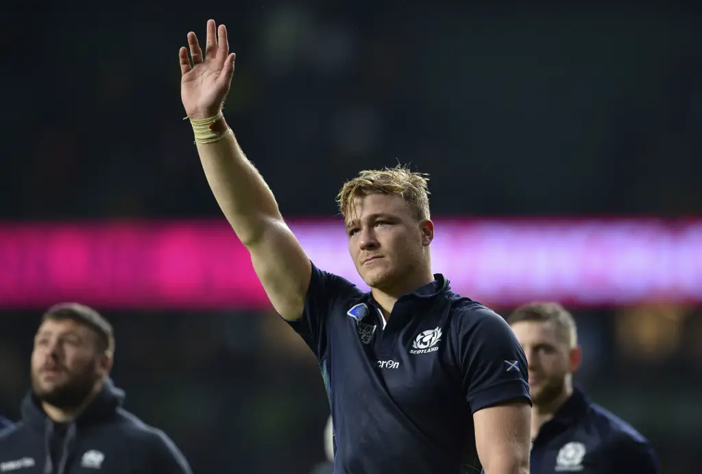 Scotland's number 8 David Denton waves after losing  a quarter final match of the 2015 Rugby World Cup between Australia and Scotland at Twickenham stadium, southwest London on October 18, 2015. AFP PHOTO GLYN KIRK

RESTRICTED TO EDITORIAL USE, NO USE IN LIVE MATCH TRACKING SERVICES, TO BE USED AS NON-SEQUENTIAL STILLS (Photo by GLYN KIRK / AFP)