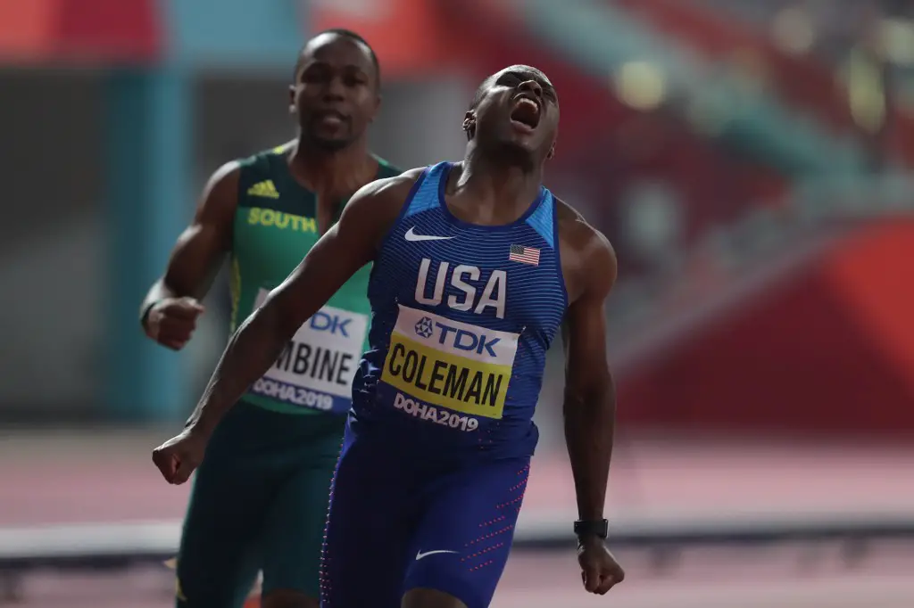 USA's Christian Coleman reacts as he wins the Men's 100m final at the 2019 IAAF World Athletics Championships at the Khalifa International stadium in Doha on September 28, 2019. (Photo by KARIM JAAFAR / AFP)