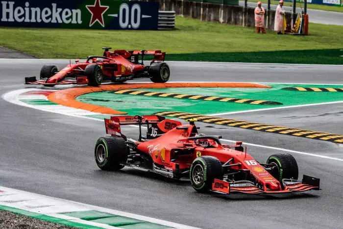 AUTODROMO NAZIONALE MONZA, ITALY - SEPTEMBER 06: Charles Leclerc, Ferrari SF90, leads Sebastian Vettel, Ferrari SF90 during the Italian GP at Autodromo Nazionale Monza on September 06, 2019 in Autodromo Nazionale Monza, Italy.