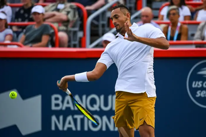 MONTREAL, QC - AUGUST 06: Nick Kyrgios (AUS) returns the ball during the ATP Coupe Rogers first round match on August 6, 2019 at IGA Stadium in Montréal, QC