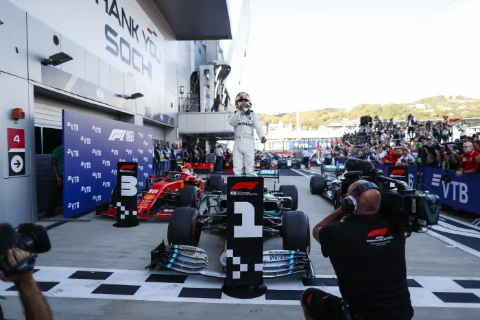 Race winner Lewis Hamilton, Mercedes AMG F1, celebrates in parc ferme