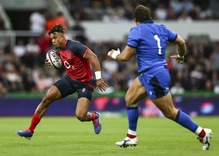 6th September 2019; St James Park, Newcastle, Tyne and Wear, England; International Rugby, England versus Italy; Anthony Watson of England cuts inside Nicola Quaglio of Italy