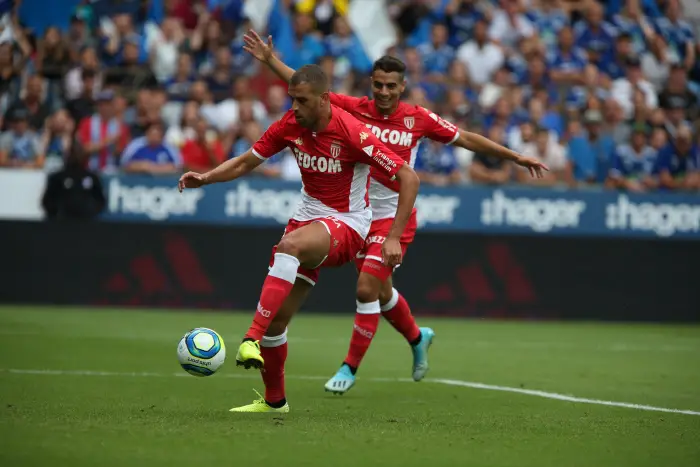 Slimani Islam, goal celebrations, and Ben Yedder Wissam, during the French L1 football match between Strasbourg (RCSA) and Monaco (ASM) on September 01, 2019 at the Meinau stadium in Strasbourg, eastern France.