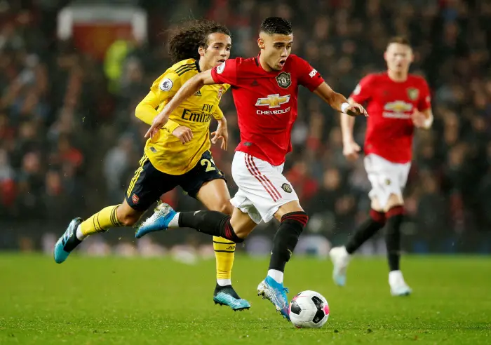 Soccer Football - PremieHLeagueH Manchester United v Arsenal - Old Trafford, Manchester, Britain - September 30, 2019   Arsenal's Matteo Guendouzi in action with Manchester United's Andreas Pereira