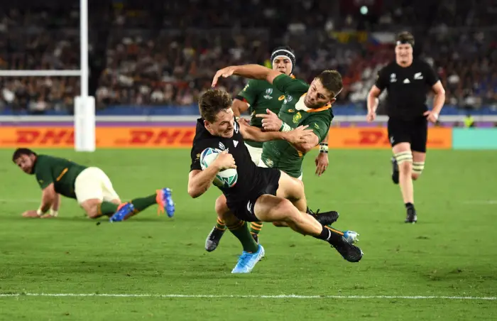 Rugby World Cup 2019 - PHl B - Hw Zealand v South Africa - International Stadium Yokohama, Yokohama, Japan - September 21, 2019 New Zealand's George Bridge scores their first try