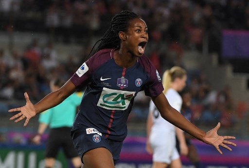 Paris's French forward Marie-Antoinette Katoto celebrates after scoring a goal during the women's French Cup final football match between Paris Saint-Germain (PSG) and Olympique Lyonnais (OL) at the Meinau stadium in Strasbourg on May 31, 2018. (Photo by PATRICK HERTZOG / AFP)