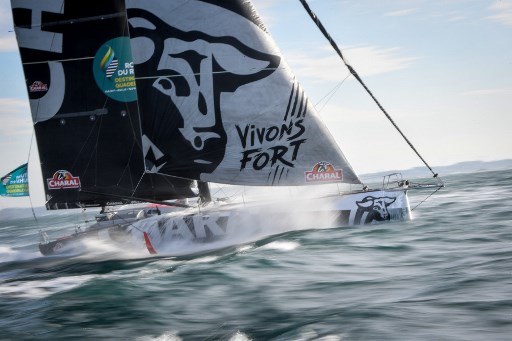 French skipper Jeremie Beyou onboard his Class Imoca monohull Charal takes the start of the Route du Rhum solo sailing race off Saint-Malo, on November 4, 2018. (Photo by LOIC VENANCE / AFP)