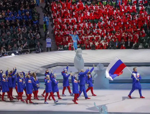 Athletes from Russia parade during the opening ceremony for the 29th Winter Universiade at the Platinum Arena in Krasnoyarsk on March 2, 2019. (Photo by MAXIM SHEMETOV / POOL / AFP)