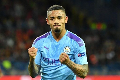 Manchester City's Brazilian striker Gabriel Jesus celebrates after scoring a goal during the UEFA Champions League Group C football match between FC Shakhtar Donetsk and Manchester City FC at the OSK Metalist stadium in Kharkiv on September 18, 2019. (Photo by Sergei SUPINSKY / AFP)