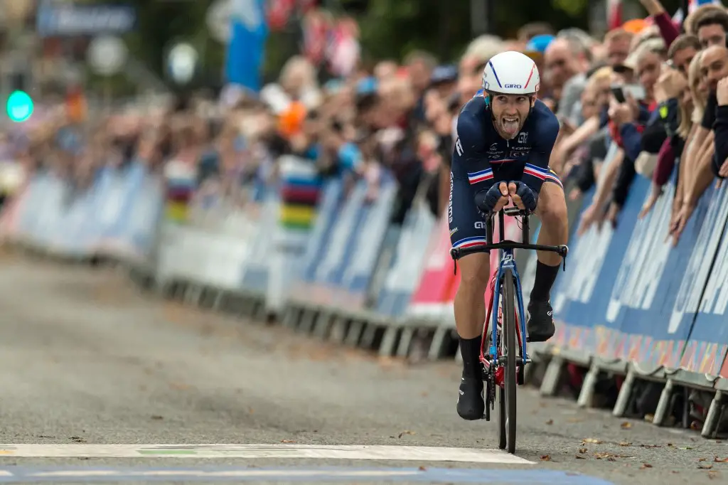 France's Benjamin Thomas finishes the Elite Men Individual Time Trial, over 54 kms from Northallerton to Harrogate, at the 2019 UCI Road World Championships in Harrogate, northern England on September 25, 2019. (Photo by OLI SCARFF / AFP)