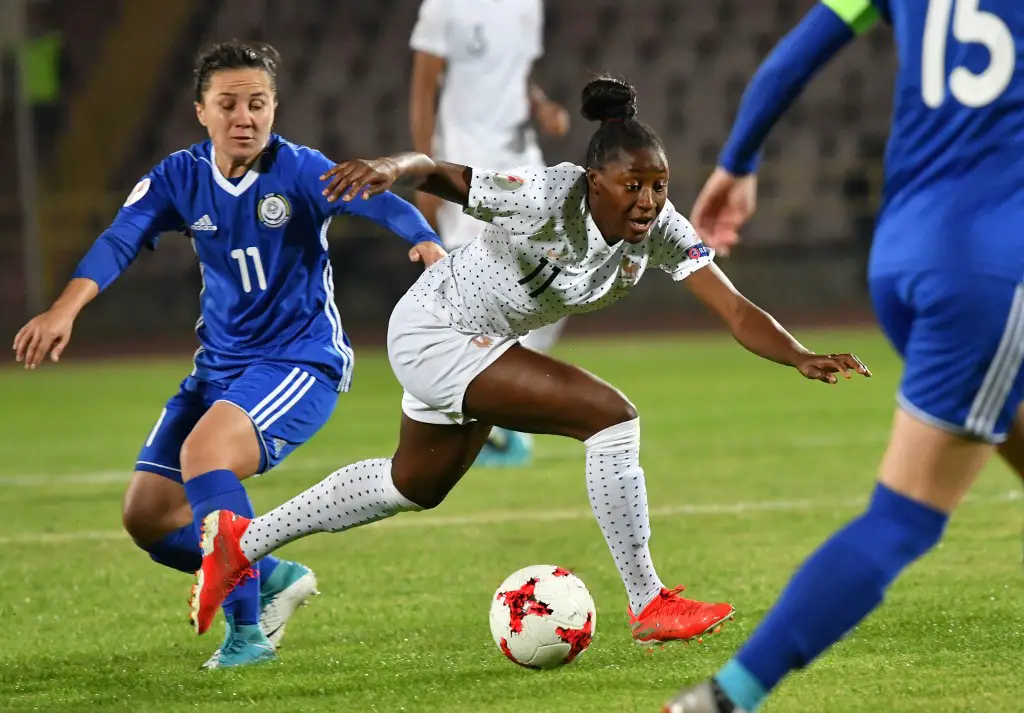 Kazakhstan's forward Saule Karibayeva and France's forward Kadidiatou Diani vie for the ball during the UEFA Women's EURO 2021 qualifying football match between Kazakhstan and France in Shymkent on October 8, 2019. (Photo by Vyacheslav OSELEDKO / AFP)