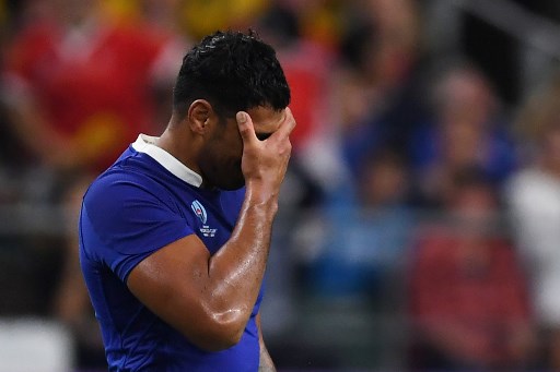 France's lock Sebastien Vahaamahina reacts after receiving a red card during the Japan 2019 Rugby World Cup quarter-final match between Wales and France at the Oita Stadium in Oita on October 20, 2019. (Photo by CHARLY TRIBALLEAU / AFP)