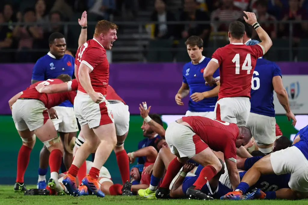 Wales' players react after Wales' back row Ross Moriarty scored a try during the Japan 2019 Rugby World Cup quarter-final match between Wales and France at the Oita Stadium in Oita on October 20, 2019. (Photo by CHARLY TRIBALLEAU / AFP)
