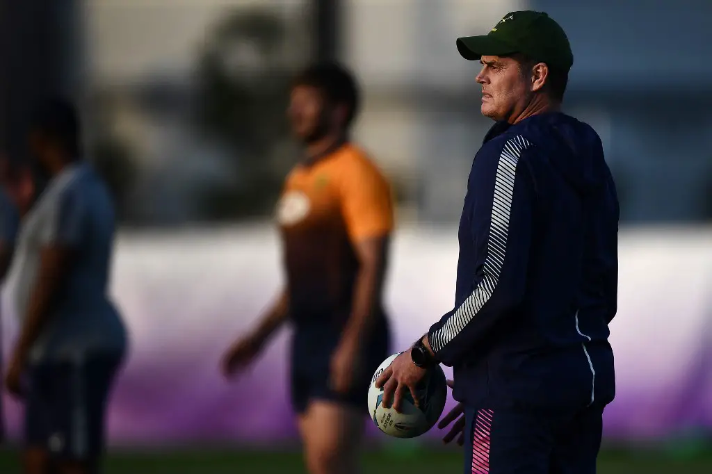 South Africa's head coach Rassie Erasmus takes part in a training session at Arcs Urayasu Park in Urayasu on October 30, 2019, ahead of their Japan 2019 Rugby World Cup final against England. (Photo by Anne-Christine POUJOULAT / AFP)