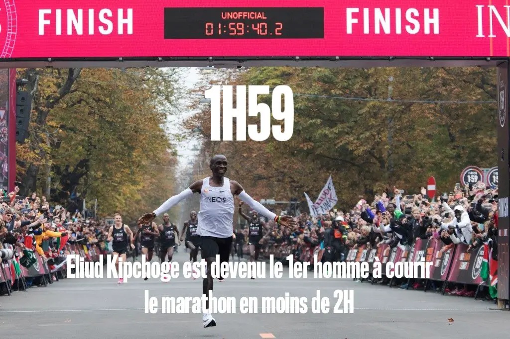 Kenya's Eliud Kipchoge (white jersey) celebrates as he crosses the finish line at the end of his attempt to bust the mythical two-hour barrier for the marathon on October 12 2019 in Vienna. - Kenya's Eliud Kipchoge on Saturday made history, busting the mythical two-hour barrier for the marathon on a specially prepared course in a huge Vienna park.
With an unofficial time of 1hr 59min 40.2sec, the Olympic champion became the first ever to run a marathon in under two hours in the Prater park with the course readied to make it as even as possible. (Photo by ALEX HALADA / AFP)