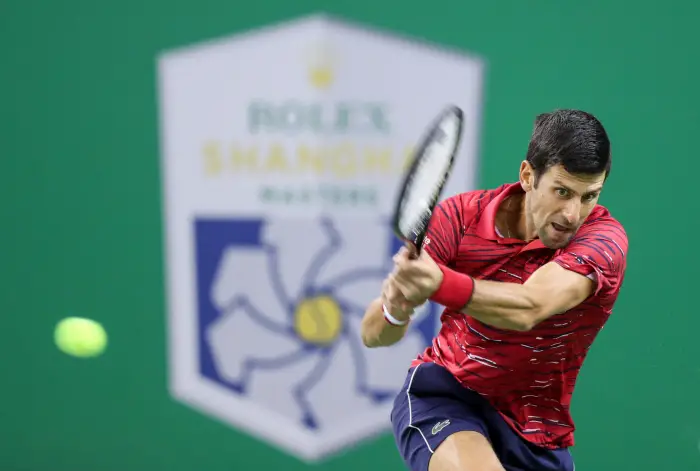 SHANGHAI, Oct. 9, 2019  Hvak DjHovic of Serbia competes during the men's singles second round match between Novak Djokovic of Serbia and Denis Shapovalov of Canada at 2019 ATP Shanghai Masters tennis tournament in Shanghai, east China, on Oct. 9, 2019.