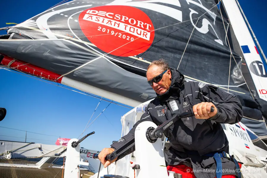 OFF BELLE-ILE EN MER, FRANCE - SEPTEMBER 18: French skipper Francis Joyon is training onboard the Maxi Trimaran IDEC Sport with his crew, prior to their Asian Tour next winter on September 18, 2019, off Belle-Ile en Mer, France. (Photo by Jean-Marie Liot/Alea)