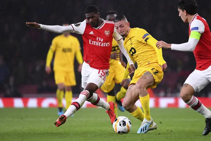 LONDON, GREAT BRITAIN - HTOBER H : Maxime Lestienne forward of Standard Liege, Ainsley Maitland Niles midfielder of Arsenal during the UEFA Europa League group F match between Arsenal Football Club and Standard Liege on October 03, 2019 in London, Great Britain, 03/10/2019(