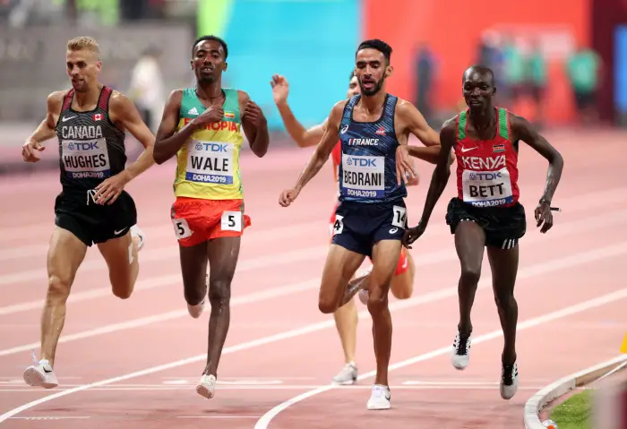 Men's 3000 Metres SteepHchase Hats  -   Kenya's Leonard Kipkemoi Bett, Ethiopia's Getnet Wale and France's Djilali Bedrani in action