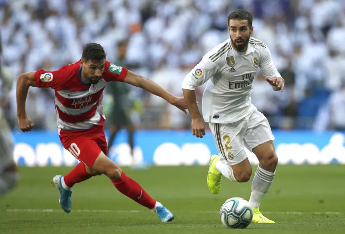 Carvajal and Puertas during Real Madrid vs Granada La Liga match on October 05, 2019 at Santiago Bernabeu Stadium in Madrid, Spain.