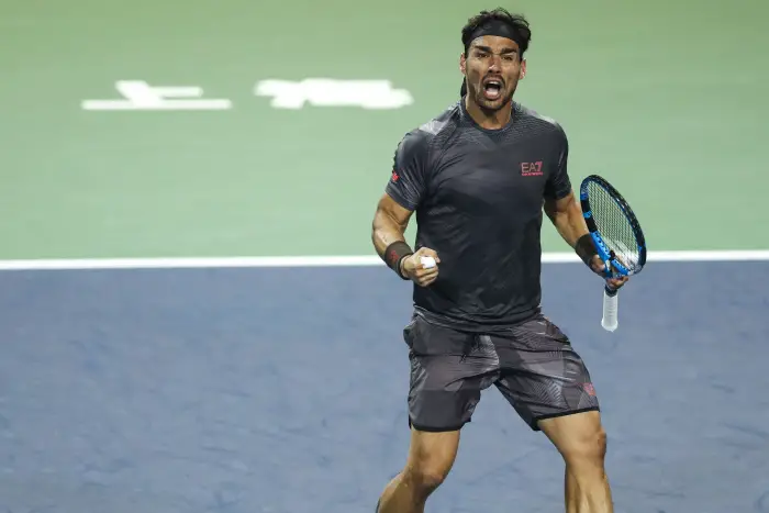 SHANGHAI, Oct. 8, 2019  Hbio FoHini of Italy celebrates during the men's singles second round match between Fabio Fognini of Italy and Andy Murray of Britain at 2019 ATP Shanghai Masters tennis tournament in Shanghai, east China, on Oct. 8, 2019.
