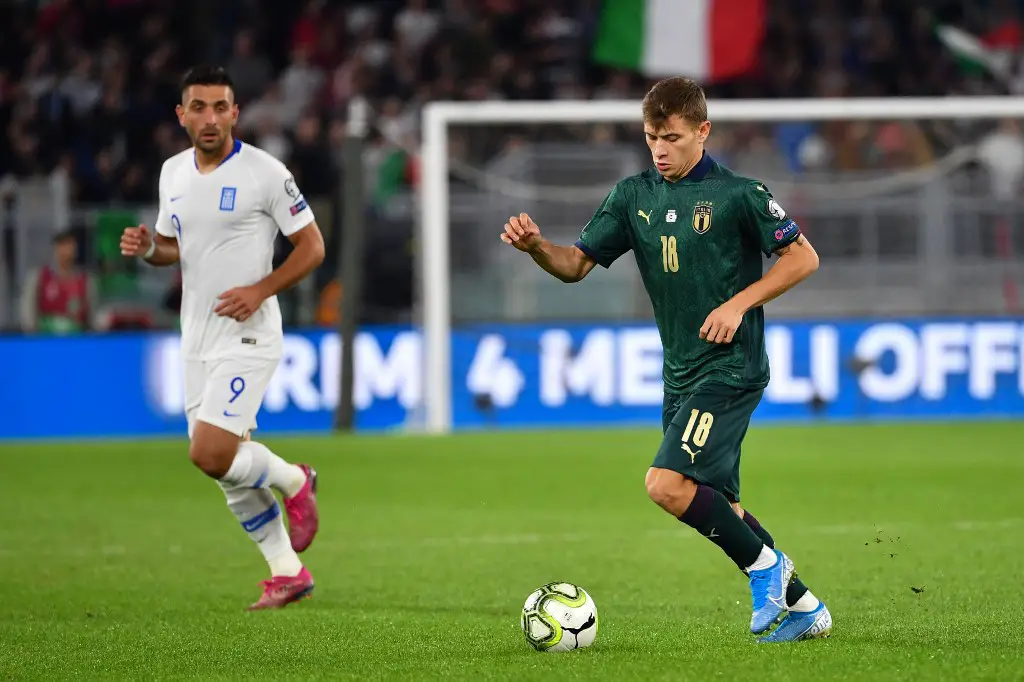 Italy's midfielder Nicolo Barella runs with the ball during the UEFA Euro 2020 Group J qualifier football match between Italy and Greece at the Stadio Olimpiaco stadium in Rome, on October 12, 2019. (Photo by Alberto PIZZOLI / AFP)