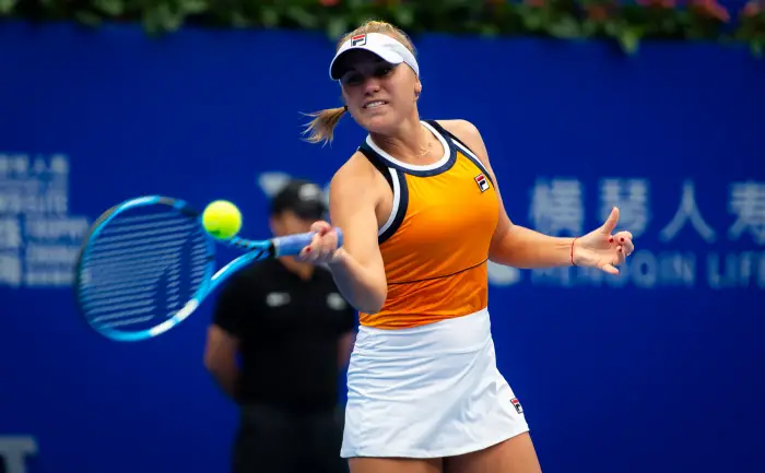 October 22, 2019, ZhuhaiHCHINA:Hofia Kenin of the United States playing doubles at the 2019 WTA Elite Trophy tennis tournament with Oksana Kalashnikova of Georgia