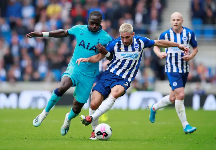 Soccer Football - PremieHLeagueH Brighton & Hove Albion v Tottenham Hotspur - The American Express Community Stadium, Brighton, Britain - October 5, 2019  Brighton and Hove Albion's Neal Maupay in action with Tottenham Hotspur's Moussa Sissoko