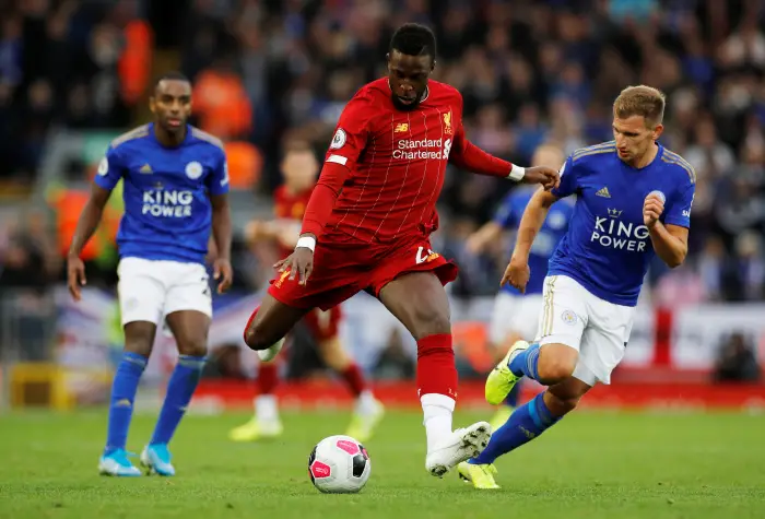 Soccer Football - PremieHLeagueH Liverpool v Leicester City - Anfield, Liverpool, Britain - October 5, 2019  Liverpool's Divock Origi in action with Leicester City's Marc Albrighton