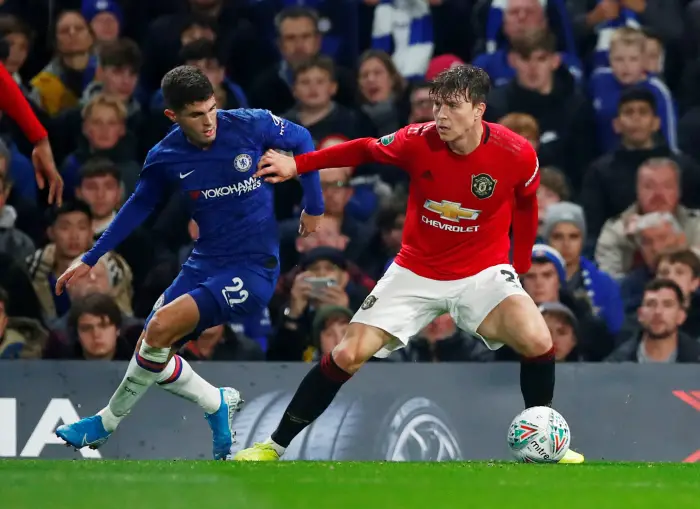 Soccer Football - CarabaHCup - Hurth Round - Chelsea v Manchester United - Stamford Bridge, London, Britain - October 30, 2019  Chelsea's Christian Pulisic in action with Manchester United's Victor Lindelof