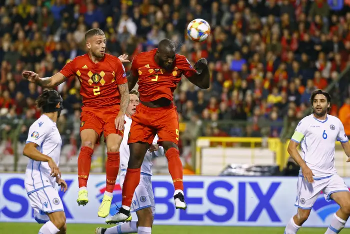 Romelu Lukaku forward oHBelgiuHand Toby Alderweireld defender of Belgium