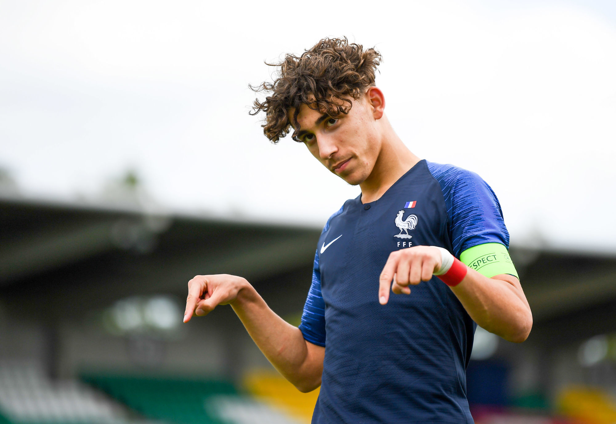 12 May 2019; Adil Aouchiche celebrates after his France team-mate Kelian Nsona Wa Saka scored his side's fifth goal during the 2019 UEFA European Under-17 Championships quarter-final match between France and Czech Republic at Tallaght Stadium in Dublin. Photo : Sportsfile / Icon Sport