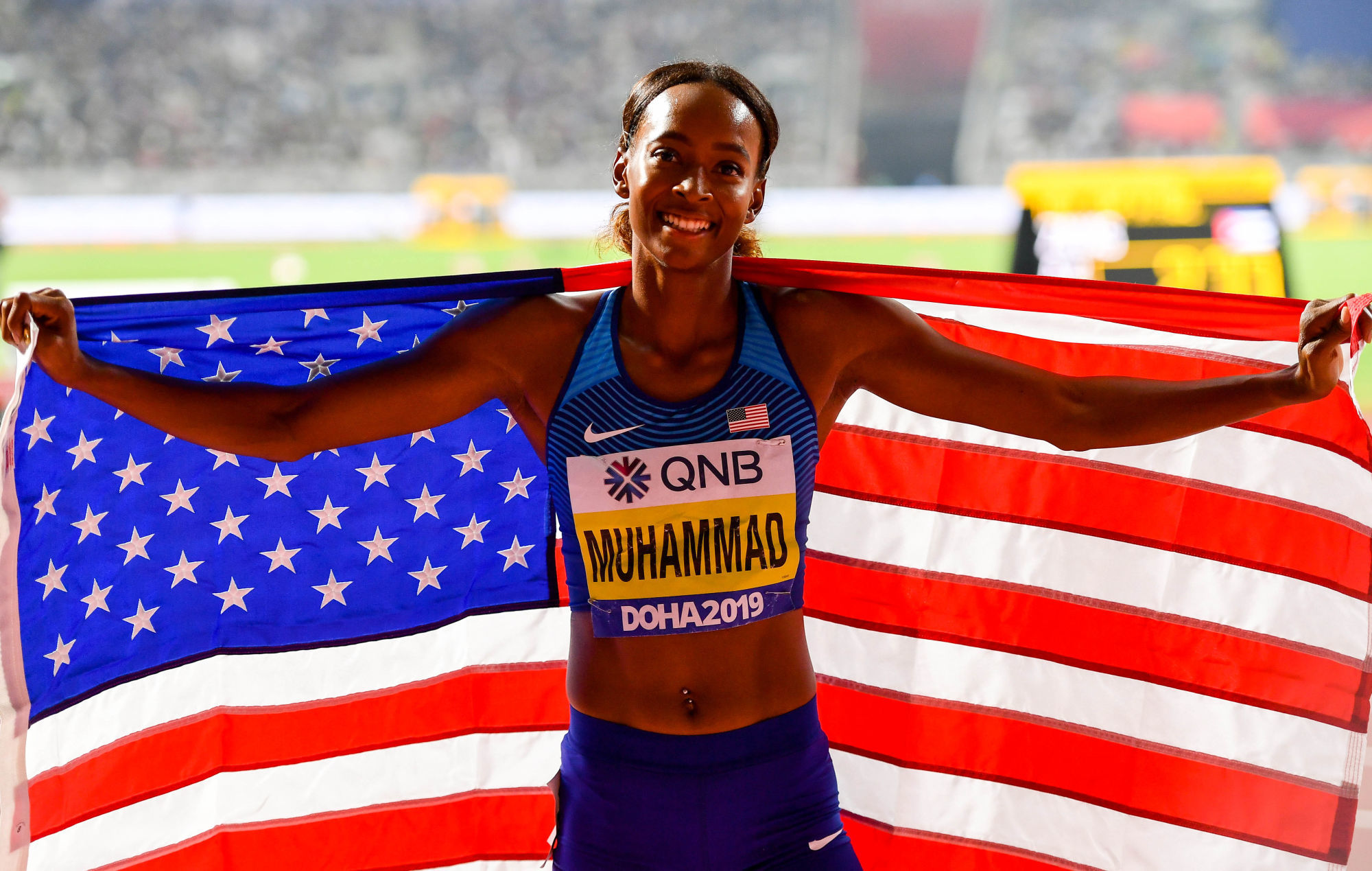 4 October 2019; Dalilah Muhammad of USA celebrates after winning the Women's 400m Hurdles and setting a new world record of 52.16 seconds during day eight of the 17th IAAF World Athletics Championships Doha 2019 at the Khalifa International Stadium in Doha, Qatar. Photo by Sam Barnes/Sportsfile ..Photo by Icon Sport - Dalilah MUHAMMAD - Khalifa International Stadium - Doha (Qatar)