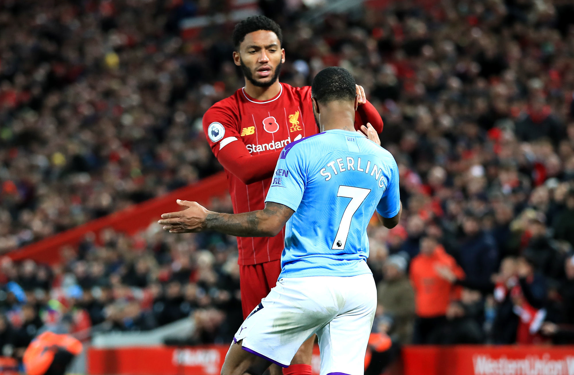 Liverpool's Joe Gomez (left) and Manchester City's Raheem Sterling clash during the Premier League match at Anfield, Liverpool. 

Photo by Icon Sport - Raheem STERLING - Joe GOMEZ - Anfield Road - Liverpool (Angleterre)