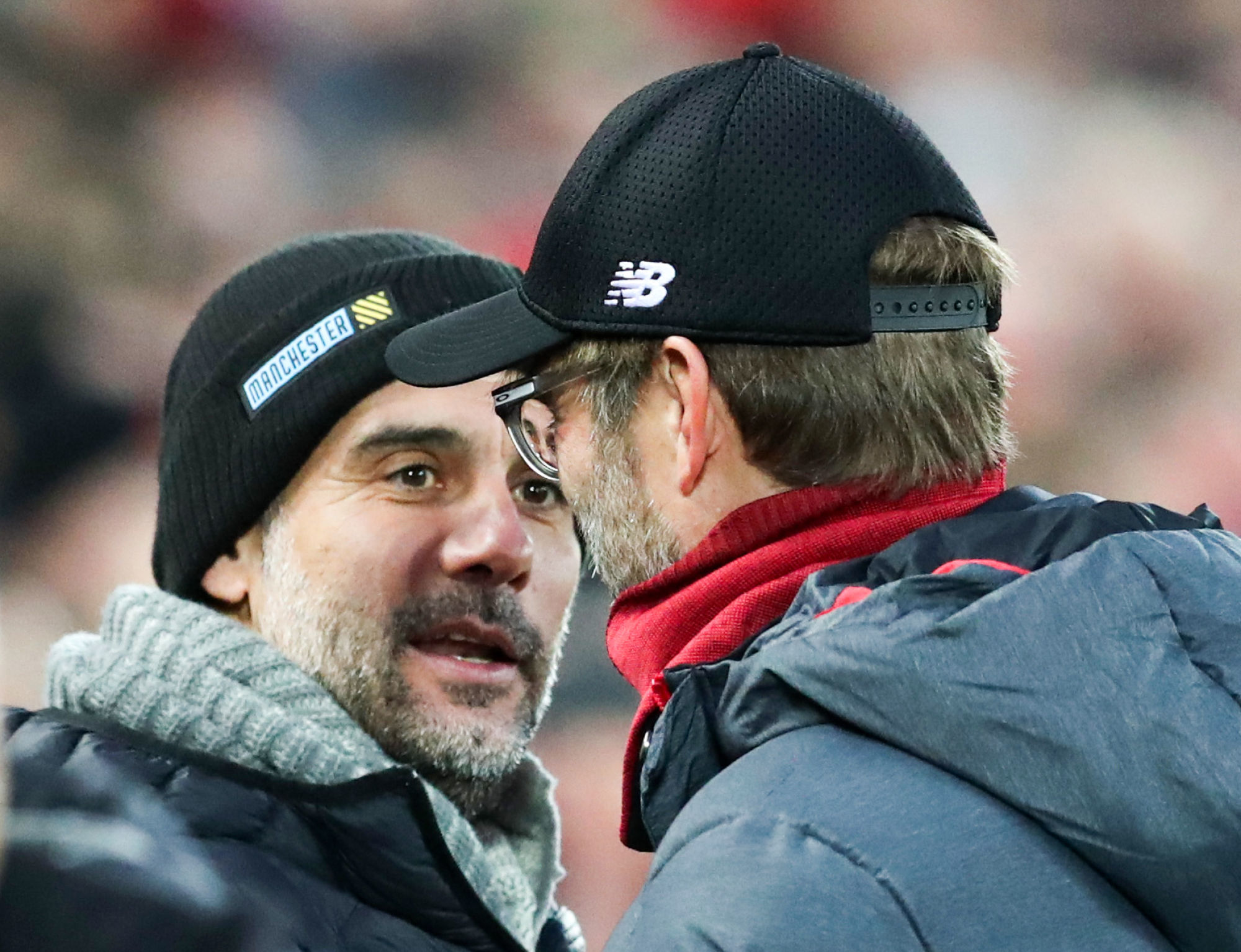 10th November 2019; Anfield, Liverpool, Merseyside, England; English Premier League Football, Liverpool versus Manchester City; Manchester City manager Pep Guardiola shakes hands with Liverpool manager Jurgen Klopp prior to the match - Strictly Editorial Use Only. No use with unauthorized audio, video, data, fixture lists, club/league logos or 'live' services. Online in-match use limited to 120 images, no video emulation. No use in betting, games or single club/league/player publications 

Photo by Icon Sport - Pep GUARDIOLA - Jurgen KLOPP - Anfield Road - Liverpool (Angleterre)
