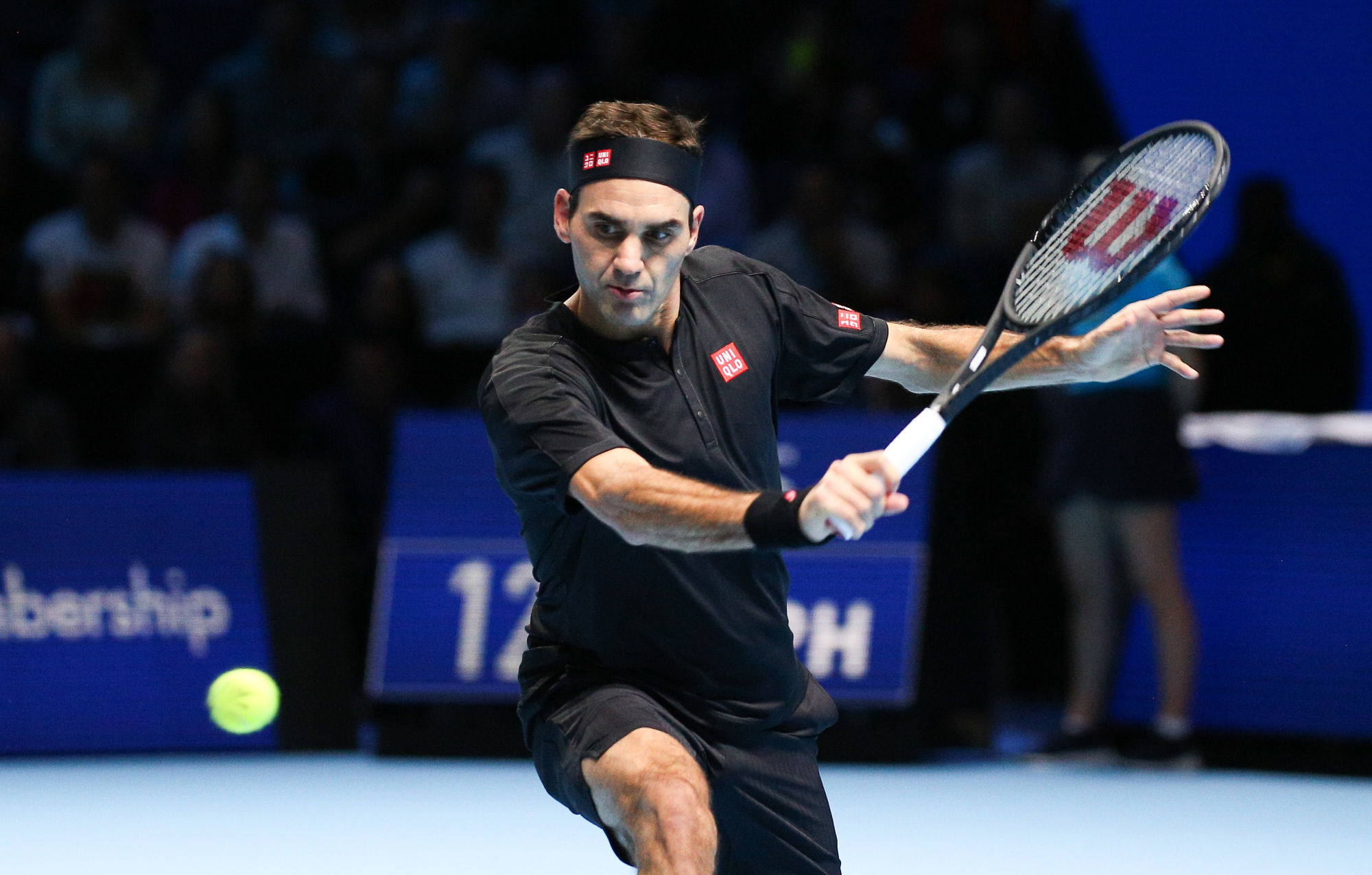 14th November 2019; O2 Arena, London, England; Nitto ATP Tennis Finals; Roger Federer (SUI) plays a backhand shot in his match against Novak Djokovic (SRB) - Editorial Use 

Photo by Icon Sport - Roger FEDERER - O2 Arena - Londres (Angleterre)