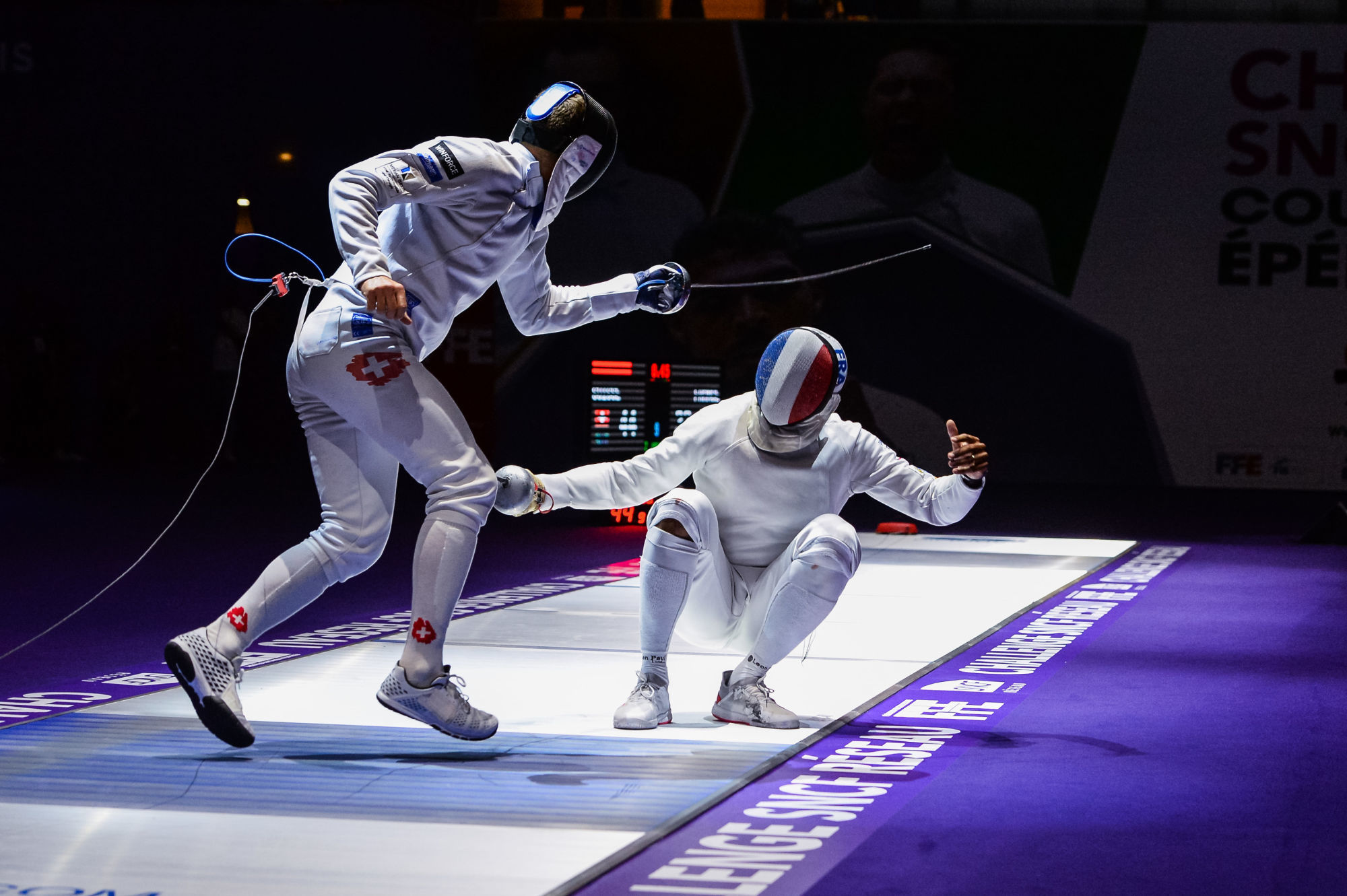 Lucas Malcotti of Switzerland and Yannick Borel of France during the Challenge International of Paris Fencing 2019 at Stade Pierre de Coubertin on May 19, 2019 in Paris, France. (Photo by Baptiste Fernandez/Icon Sport)